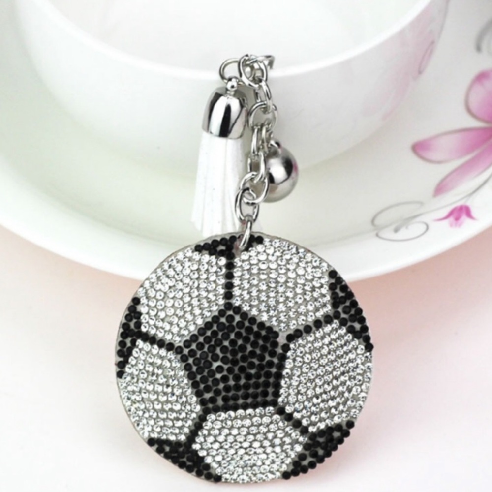 Black & Silver Rhinestone Soccer Ball Charm & Tassel Keychain